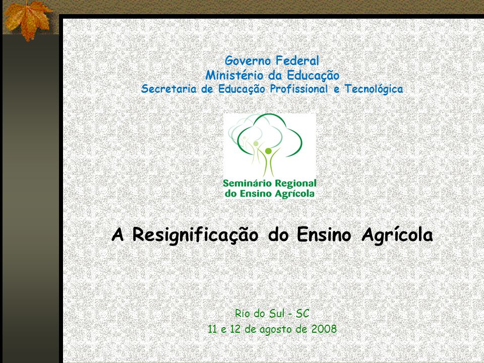 Governo Federal Ministério da Educação Secretaria de Educação Profissional e Tecnológica A Resignificação do Ensino Agrícola Rio do Sul - SC 11 e 12 de agosto de 2008