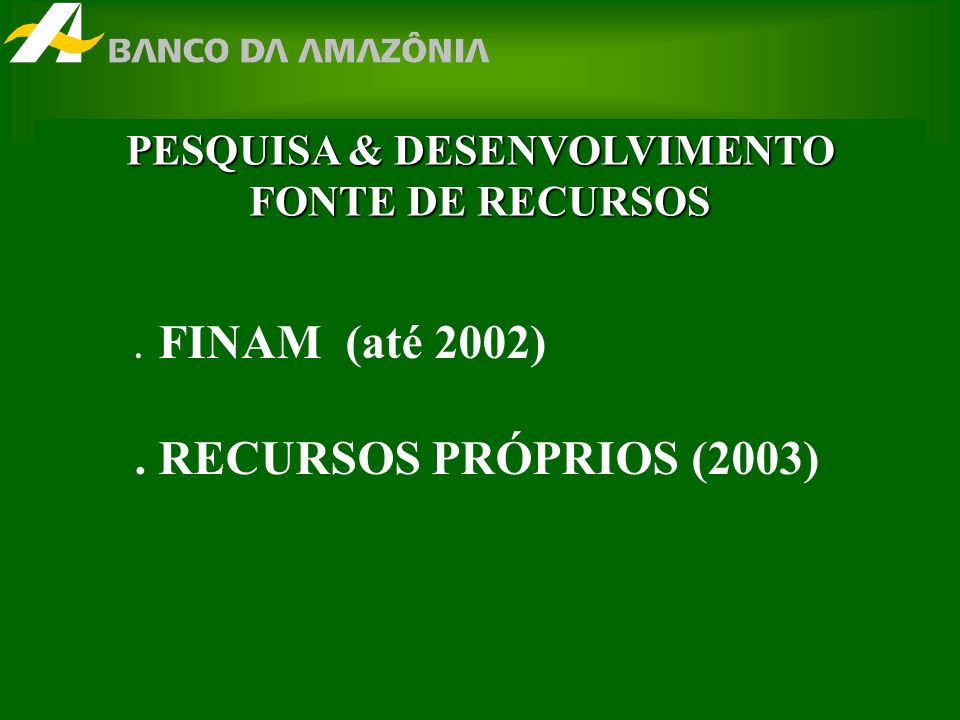 PESQUISA & DESENVOLVIMENTO FONTE DE RECURSOS. FINAM (até 2002). RECURSOS PRÓPRIOS (2003)