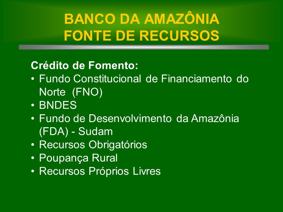 Crédito de Fomento: Fundo Constitucional de Financiamento do Norte (FNO) BNDES Fundo de Desenvolvimento da Amazônia (FDA) - Sudam Recursos Obrigatórios Poupança Rural Recursos Próprios Livres BANCO DA AMAZÔNIA FONTE DE RECURSOS