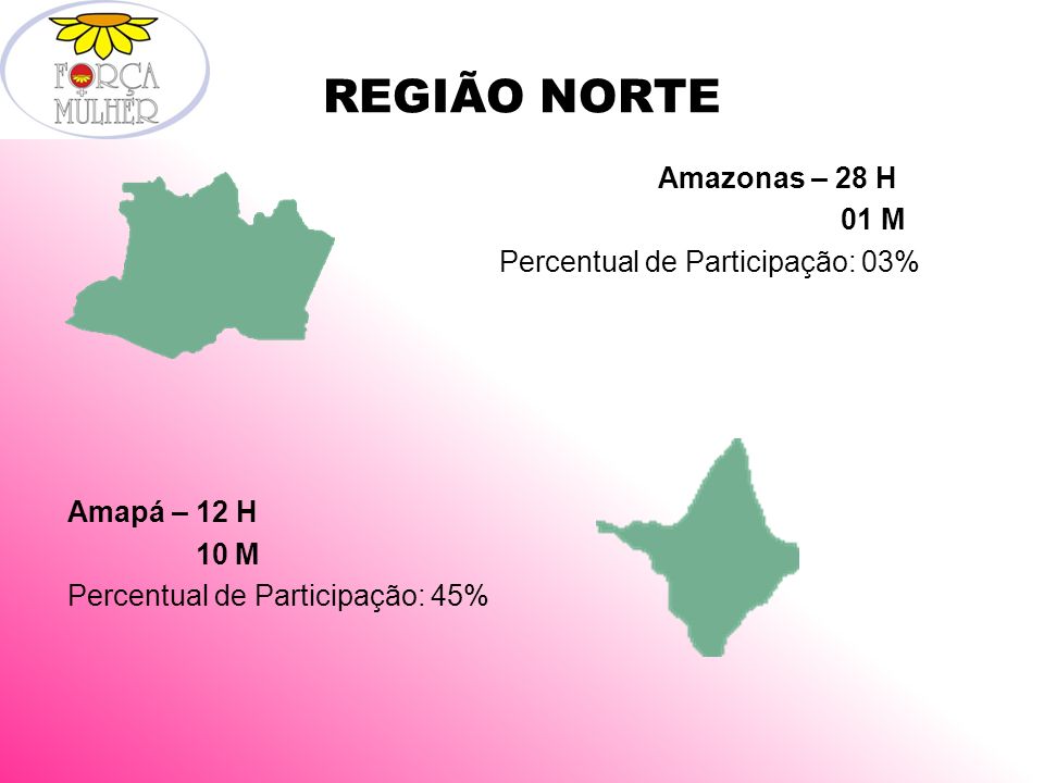 REGIÃO NORTE Amazonas – 28 H 01 M Percentual de Participação: 03% Amapá – 12 H 10 M Percentual de Participação: 45%