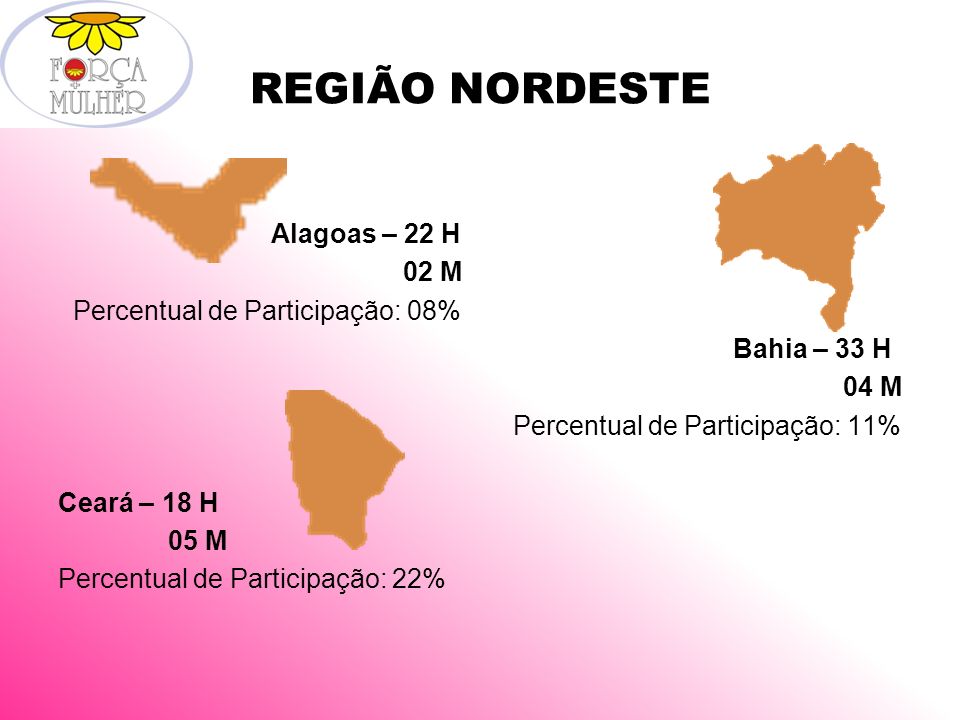 REGIÃO NORDESTE Alagoas – 22 H 02 M Percentual de Participação: 08% Bahia – 33 H 04 M Percentual de Participação: 11% Ceará – 18 H 05 M Percentual de Participação: 22%