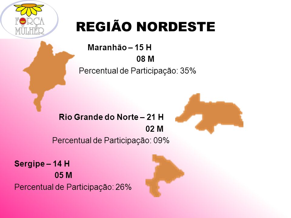 REGIÃO NORDESTE Maranhão – 15 H 08 M Percentual de Participação: 35% Rio Grande do Norte – 21 H 02 M Percentual de Participação: 09% Sergipe – 14 H 05 M Percentual de Participação: 26%