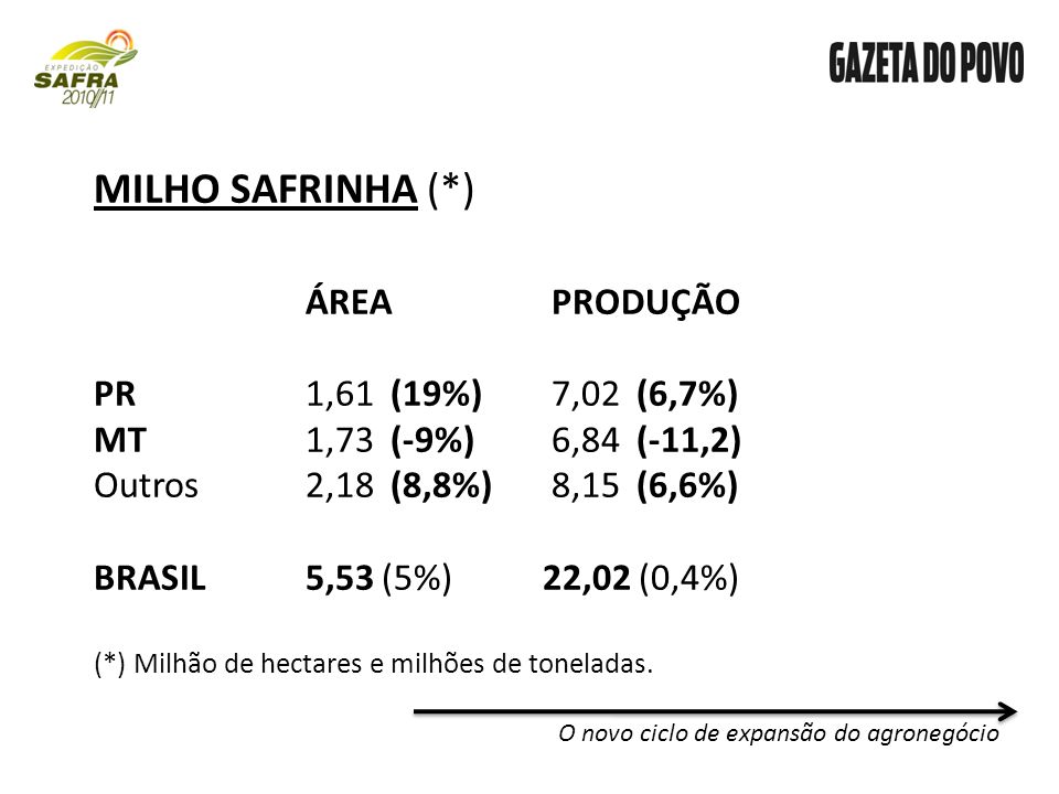 O novo ciclo de expansão do agronegócio MILHO SAFRINHA (*) ÁREA PRODUÇÃO PR1,61 (19%) 7,02 (6,7%) MT1,73 (-9%) 6,84 (-11,2) Outros2,18 (8,8%) 8,15 (6,6%) BRASIL5,53 (5%) 22,02 (0,4%) (*) Milhão de hectares e milhões de toneladas.