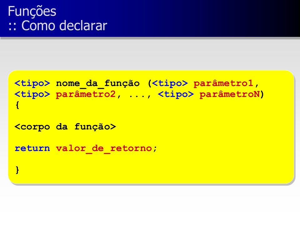 nome_da_função ( parâmetro1, parâmetro2,..., parâmetroN) { return valor_de_retorno; } nome_da_função ( parâmetro1, parâmetro2,..., parâmetroN) { return valor_de_retorno; } Funções :: Como declarar