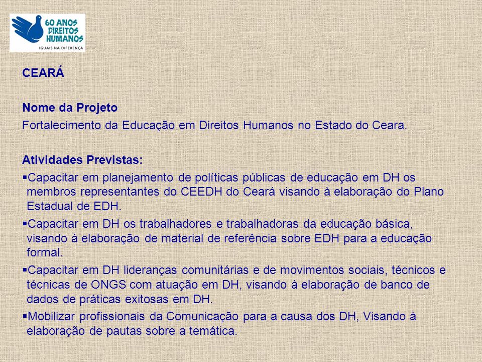 CEARÁ Nome da Projeto Fortalecimento da Educação em Direitos Humanos no Estado do Ceara.