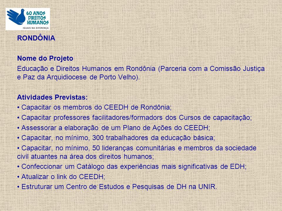 RONDÔNIA Nome do Projeto Educação e Direitos Humanos em Rondônia (Parceria com a Comissão Justiça e Paz da Arquidiocese de Porto Velho).