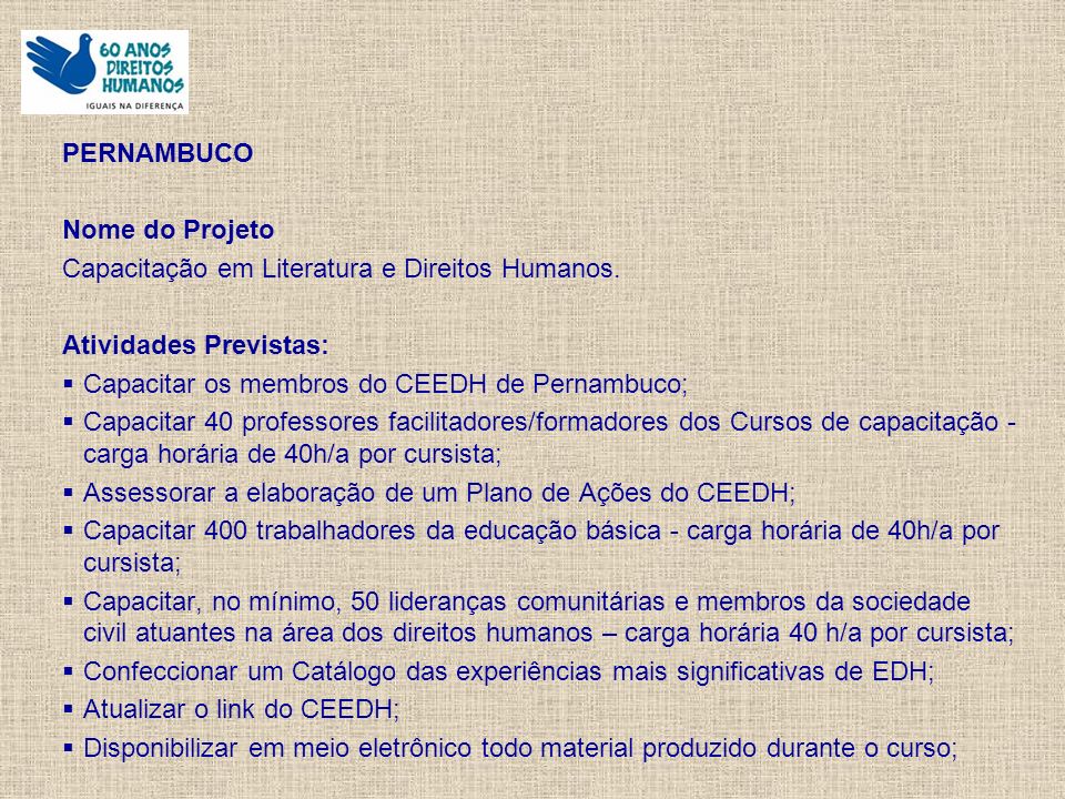PERNAMBUCO Nome do Projeto Capacitação em Literatura e Direitos Humanos.