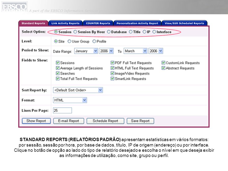 STANDARD REPORTS (RELATÓRIOS PADRÃO) apresentam estatísticas em vários formatos: por sessão, sessão por hora, por base de dados, título, IP de origem (endereço) ou por interface.