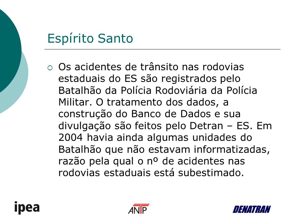 Espírito Santo Os acidentes de trânsito nas rodovias estaduais do ES são registrados pelo Batalhão da Polícia Rodoviária da Polícia Militar.