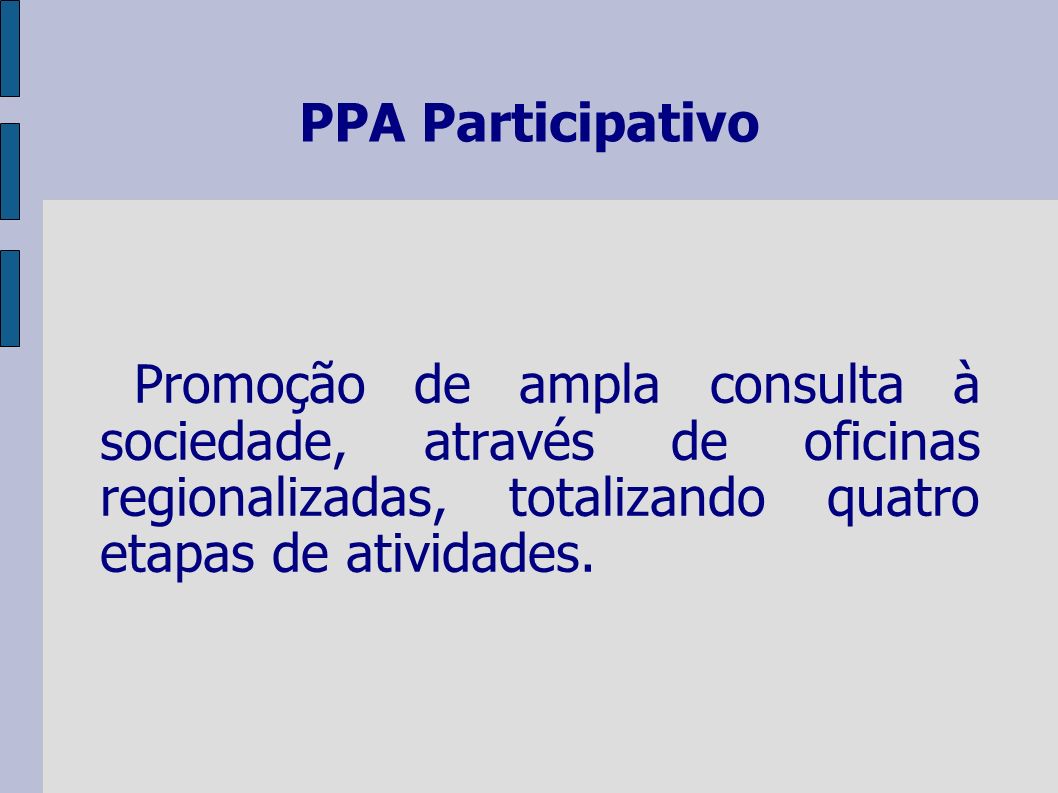 PPA Participativo Promoção de ampla consulta à sociedade, através de oficinas regionalizadas, totalizando quatro etapas de atividades.