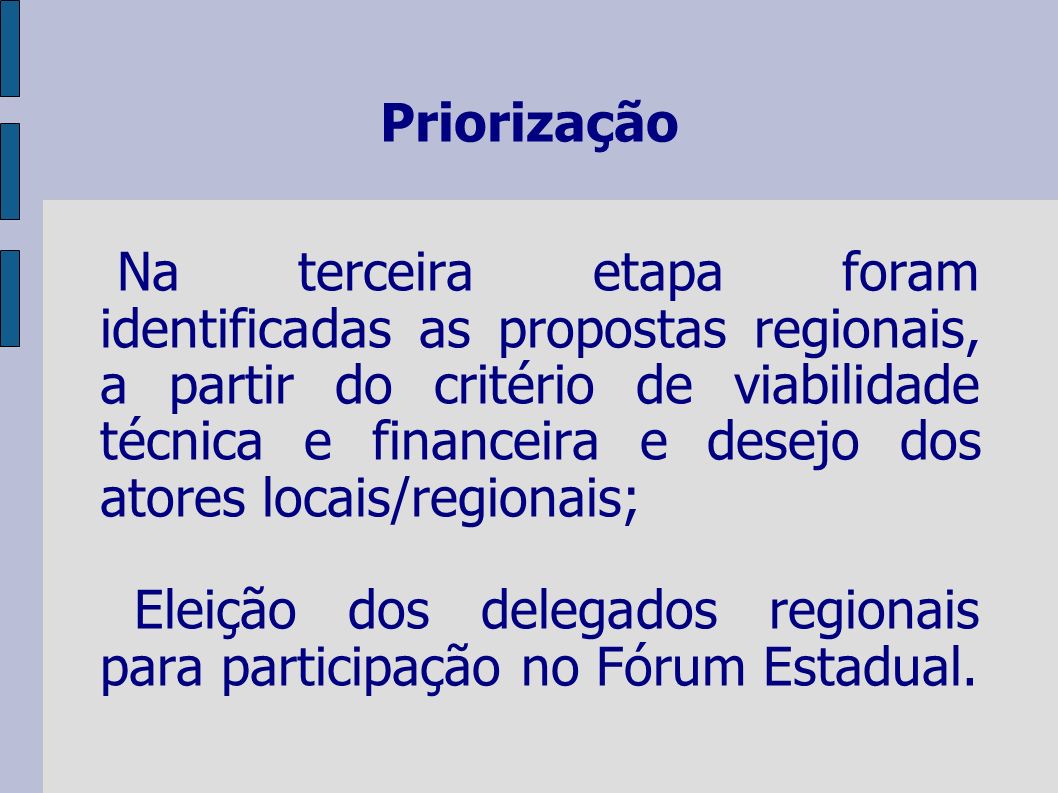 Priorização Na terceira etapa foram identificadas as propostas regionais, a partir do critério de viabilidade técnica e financeira e desejo dos atores locais/regionais; Eleição dos delegados regionais para participação no Fórum Estadual.