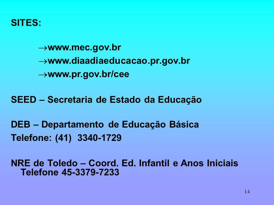 14 SITES: SEED – Secretaria de Estado da Educação DEB – Departamento de Educação Básica Telefone: (41) NRE de Toledo – Coord.