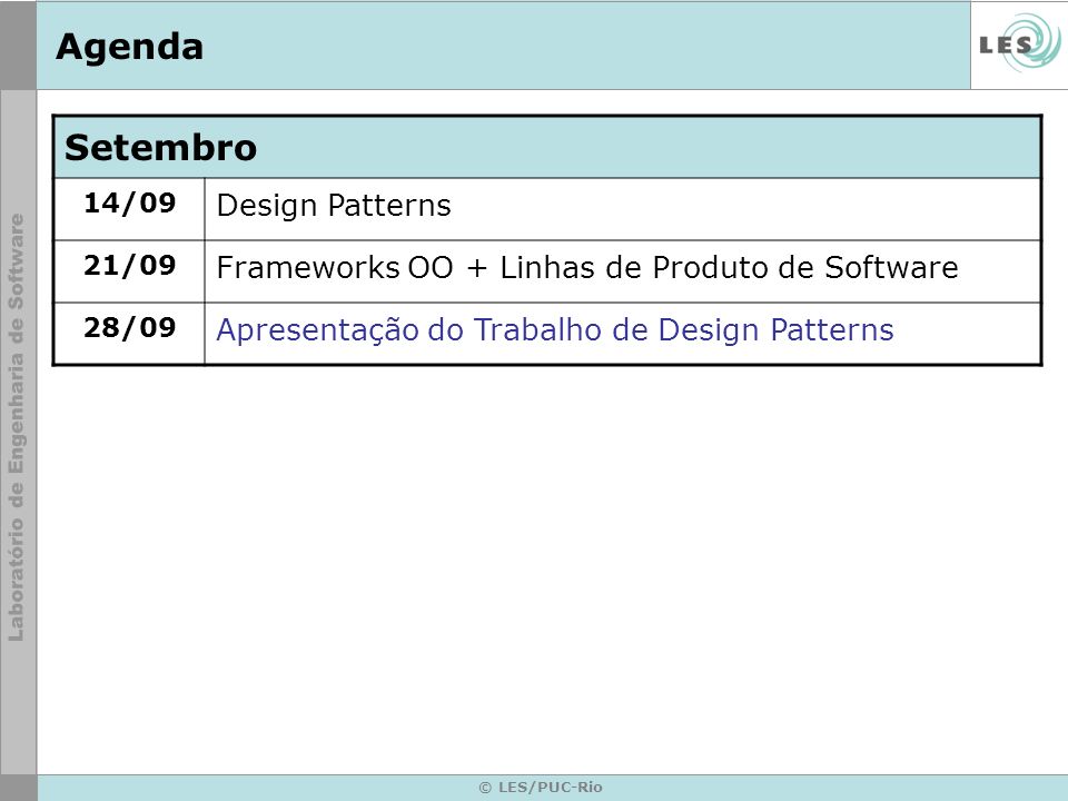 © LES/PUC-Rio Agenda Setembro 14/09 Design Patterns 21/09 Frameworks OO + Linhas de Produto de Software 28/09 Apresentação do Trabalho de Design Patterns