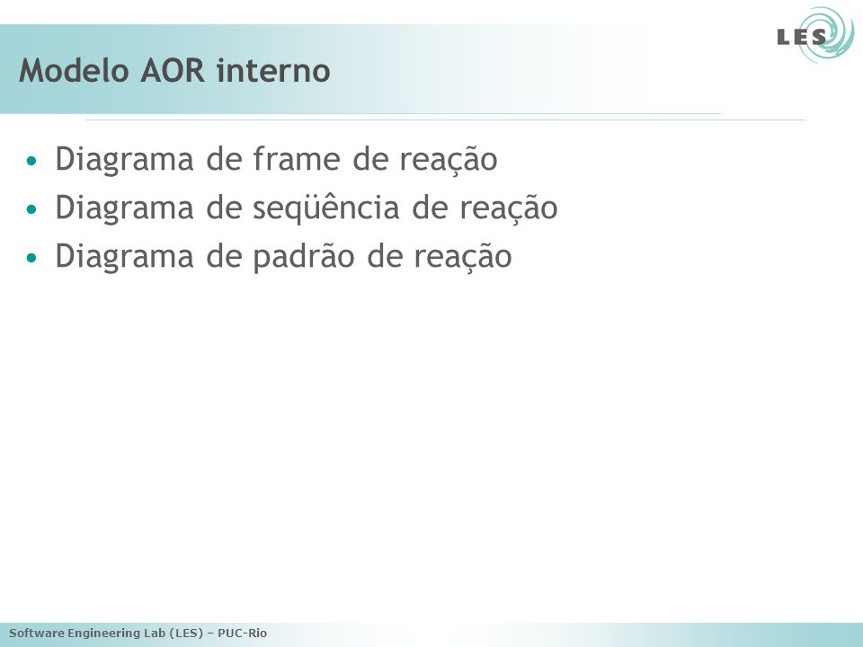 Software Engineering Lab (LES) – PUC-Rio Modelo AOR interno Diagrama de frame de reação Diagrama de seqüência de reação Diagrama de padrão de reação