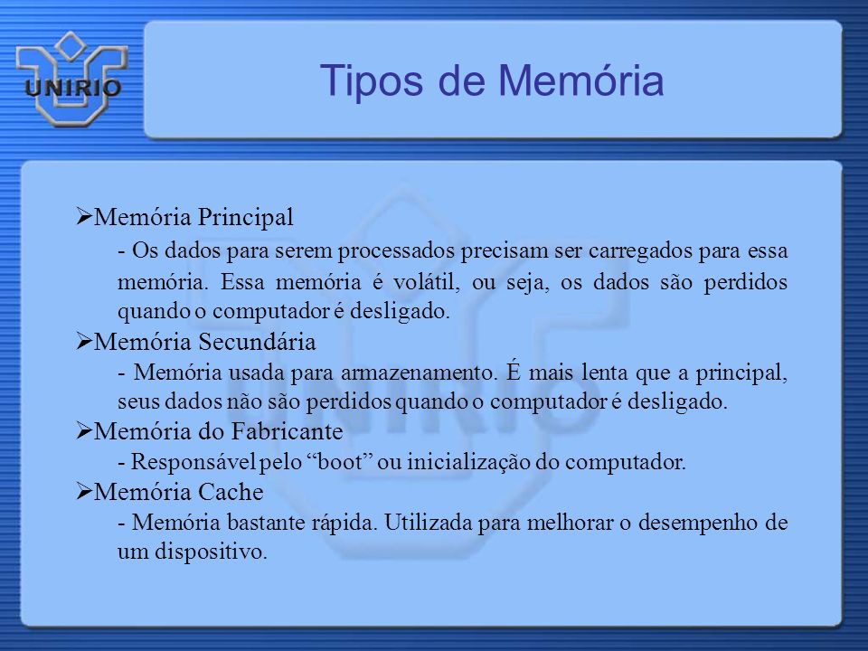 Tipos de Memória Memória Principal - Os dados para serem processados precisam ser carregados para essa memória.
