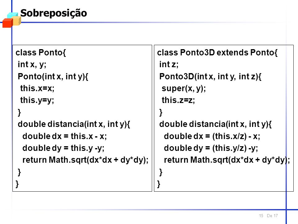 De Sobreposição class Ponto{ int x, y; Ponto(int x, int y){ this.x=x; this.y=y; } double distancia(int x, int y){ double dx = this.x - x; double dy = this.y -y; return Math.sqrt(dx*dx + dy*dy); } class Ponto3D extends Ponto{ int z; Ponto3D(int x, int y, int z){ super(x, y); this.z=z; } double distancia(int x, int y){ double dx = (this.x/z) - x; double dy = (this.y/z) -y; return Math.sqrt(dx*dx + dy*dy); }