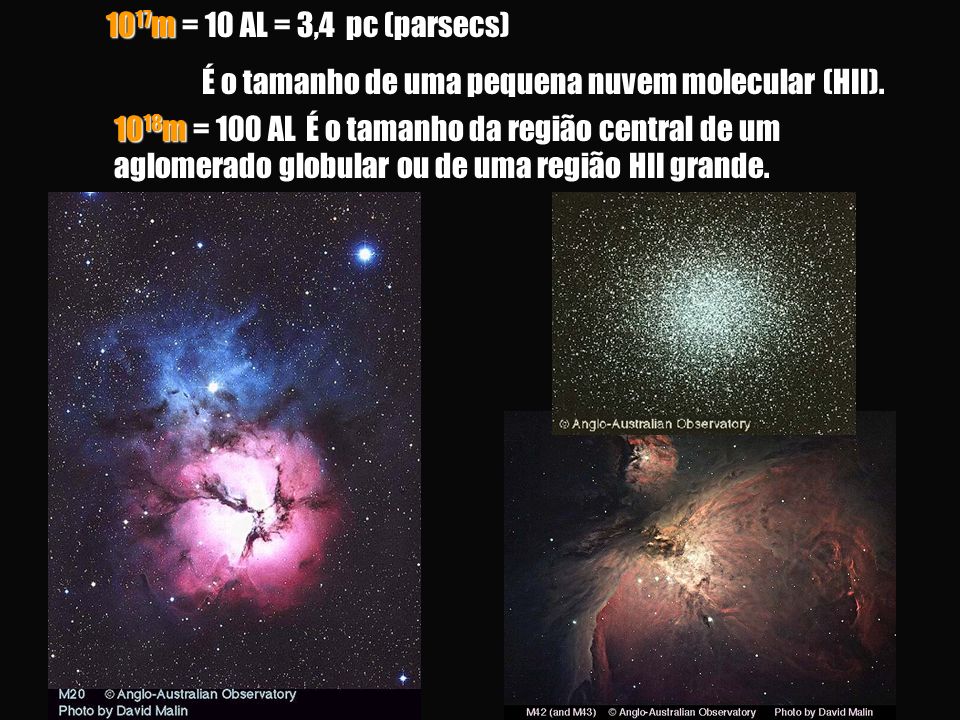 10 17 m = 10 AL = 3,4 pc (parsecs) É o tamanho de uma pequena nuvem molecular (HII).