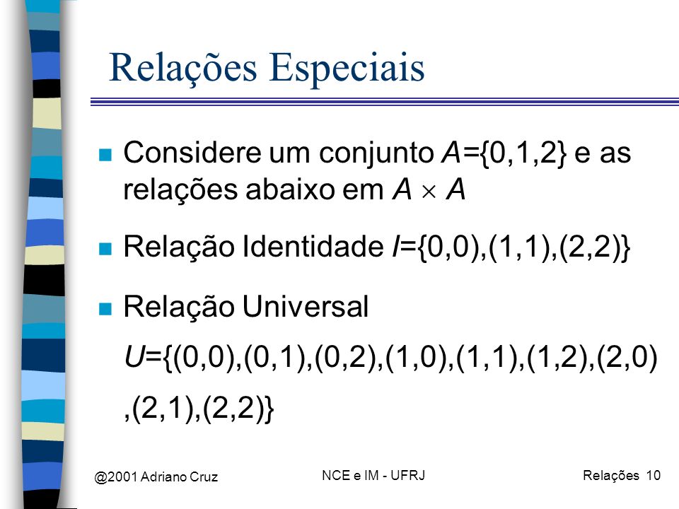 @2001 Adriano Cruz NCE e IM - UFRJRelações 10 Relações Especiais n Considere um conjunto A={0,1,2} e as relações abaixo em A A n Relação Identidade I={0,0),(1,1),(2,2)} n Relação Universal U={(0,0),(0,1),(0,2),(1,0),(1,1),(1,2),(2,0),(2,1),(2,2)}