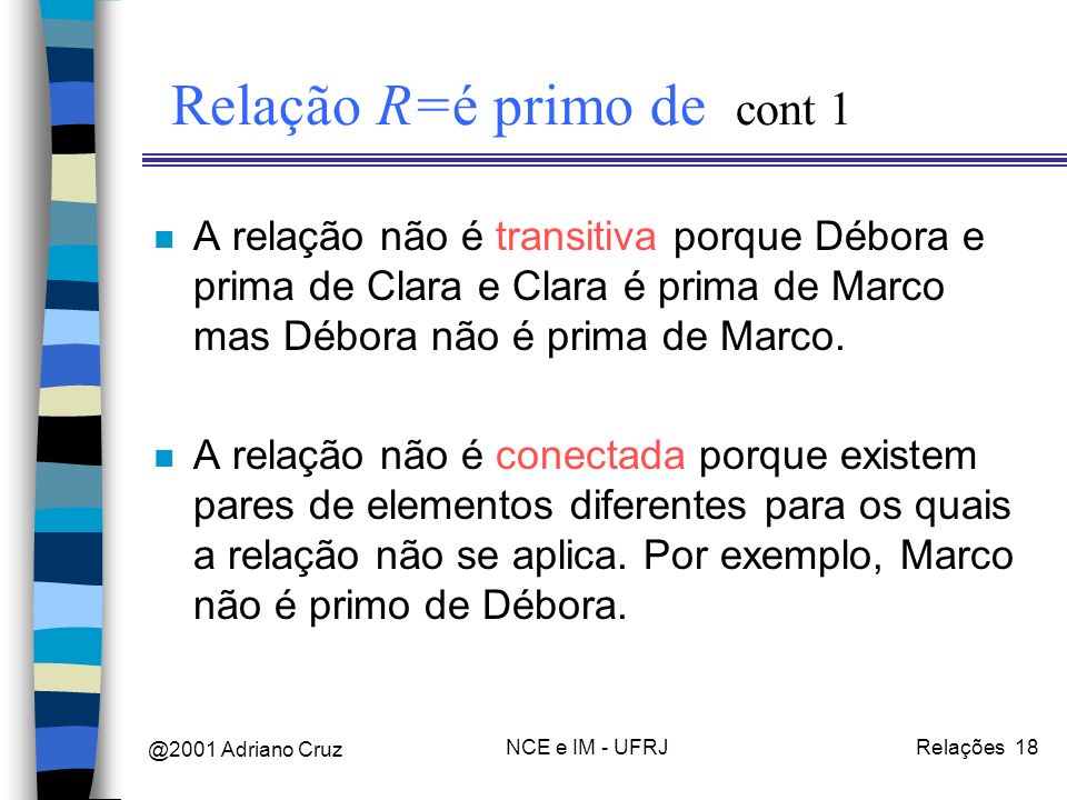 @2001 Adriano Cruz NCE e IM - UFRJRelações 18 Relação R=é primo de cont 1 n A relação não é transitiva porque Débora e prima de Clara e Clara é prima de Marco mas Débora não é prima de Marco.