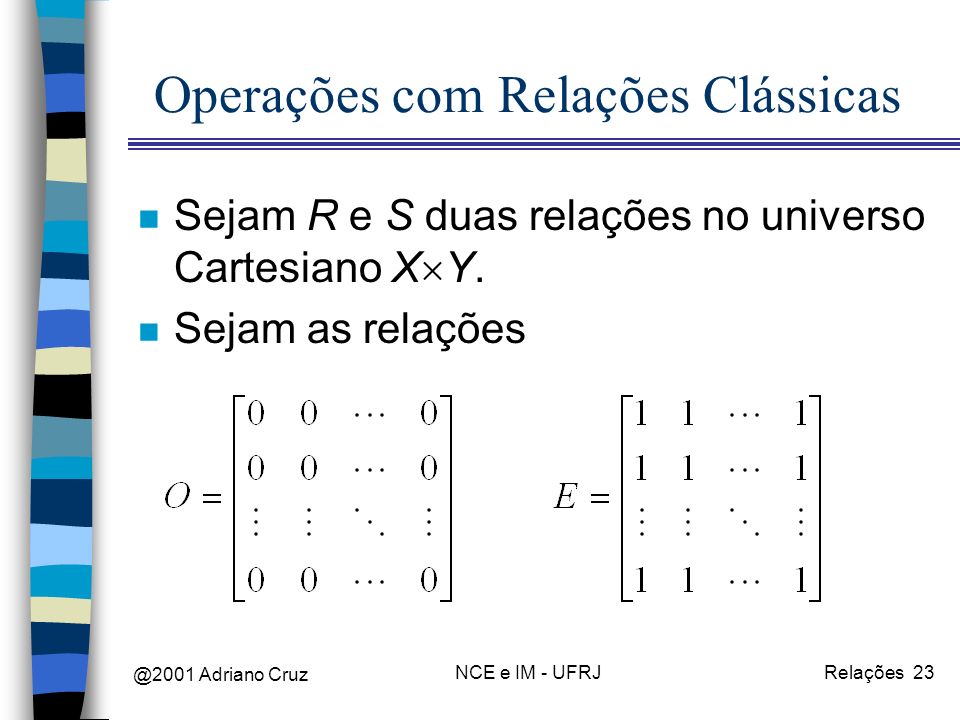 @2001 Adriano Cruz NCE e IM - UFRJRelações 23 Operações com Relações Clássicas n Sejam R e S duas relações no universo Cartesiano X Y.
