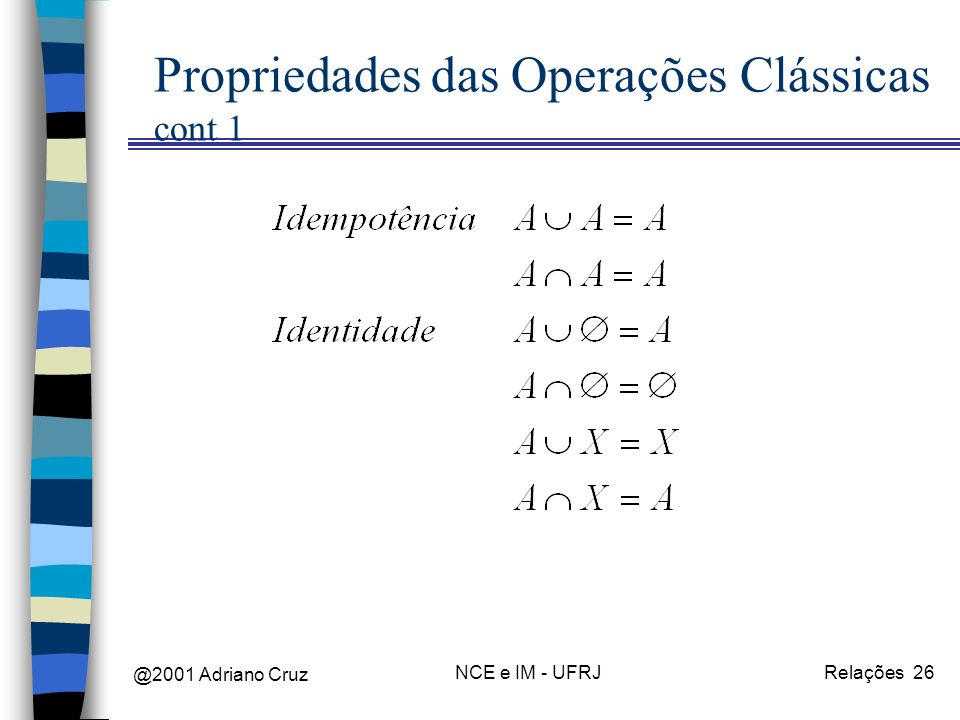 @2001 Adriano Cruz NCE e IM - UFRJRelações 26 Propriedades das Operações Clássicas cont 1