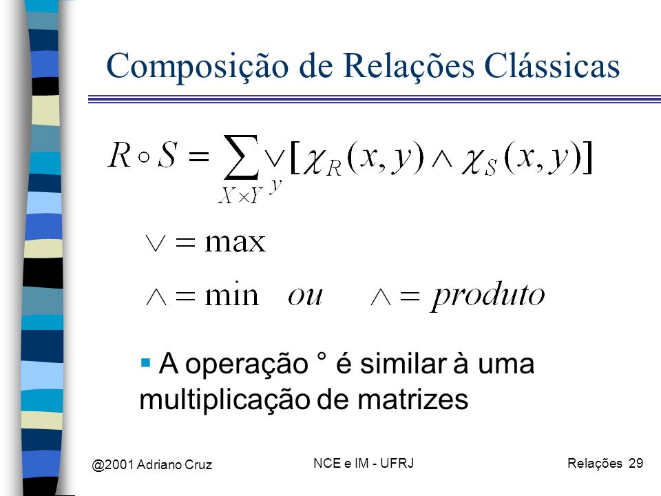@2001 Adriano Cruz NCE e IM - UFRJRelações 29 Composição de Relações Clássicas A operação ° é similar à uma multiplicação de matrizes