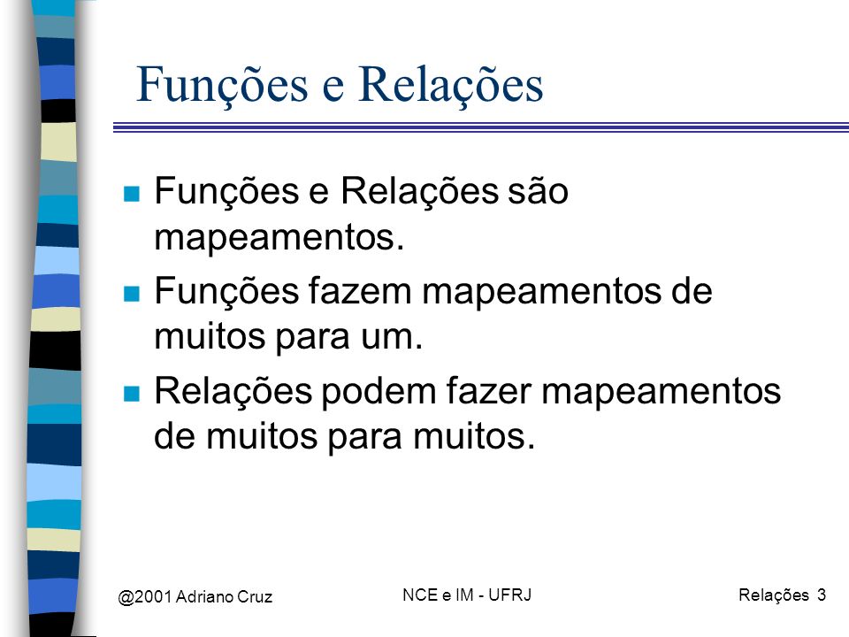 @2001 Adriano Cruz NCE e IM - UFRJRelações 3 Funções e Relações n Funções e Relações são mapeamentos.