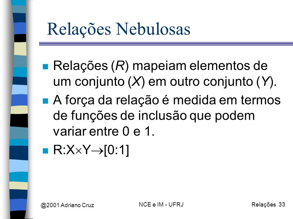 @2001 Adriano Cruz NCE e IM - UFRJRelações 33 Relações Nebulosas n Relações (R) mapeiam elementos de um conjunto (X) em outro conjunto (Y).