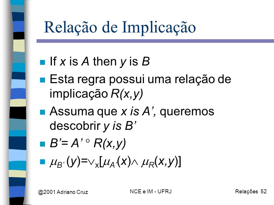 @2001 Adriano Cruz NCE e IM - UFRJRelações 52 Relação de Implicação n If x is A then y is B n Esta regra possui uma relação de implicação R(x,y) n Assuma que x is A, queremos descobrir y is B n B= A R(x,y) n B (y)= x [ A (x) R (x,y)]