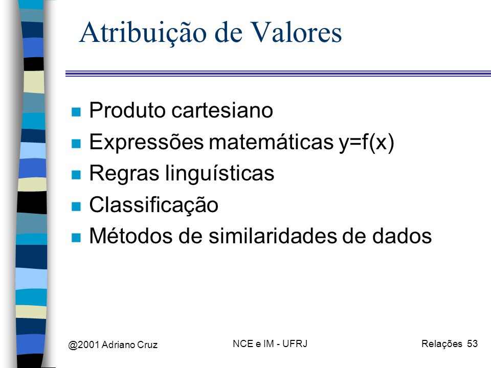 @2001 Adriano Cruz NCE e IM - UFRJRelações 53 Atribuição de Valores n Produto cartesiano n Expressões matemáticas y=f(x) n Regras linguísticas n Classificação n Métodos de similaridades de dados