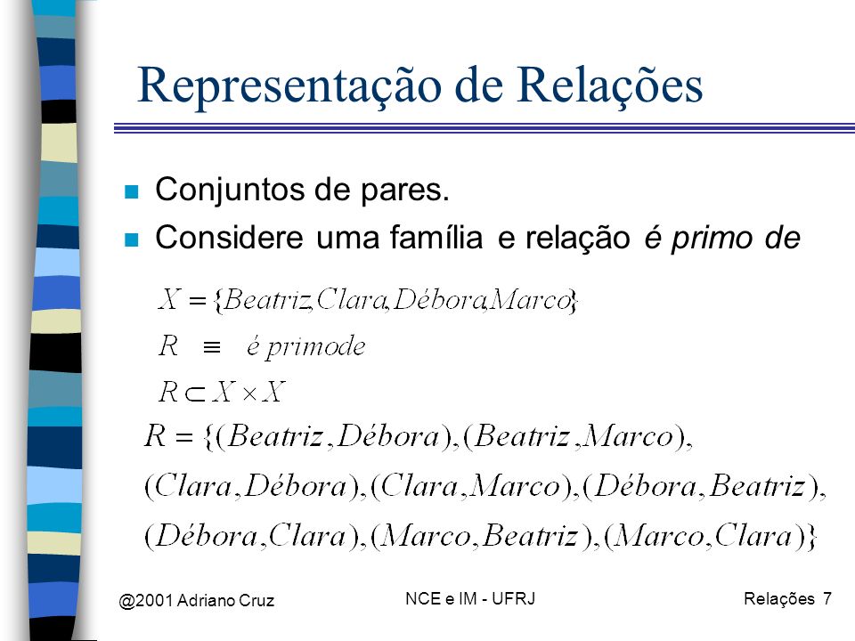 @2001 Adriano Cruz NCE e IM - UFRJRelações 7 Representação de Relações n Conjuntos de pares.