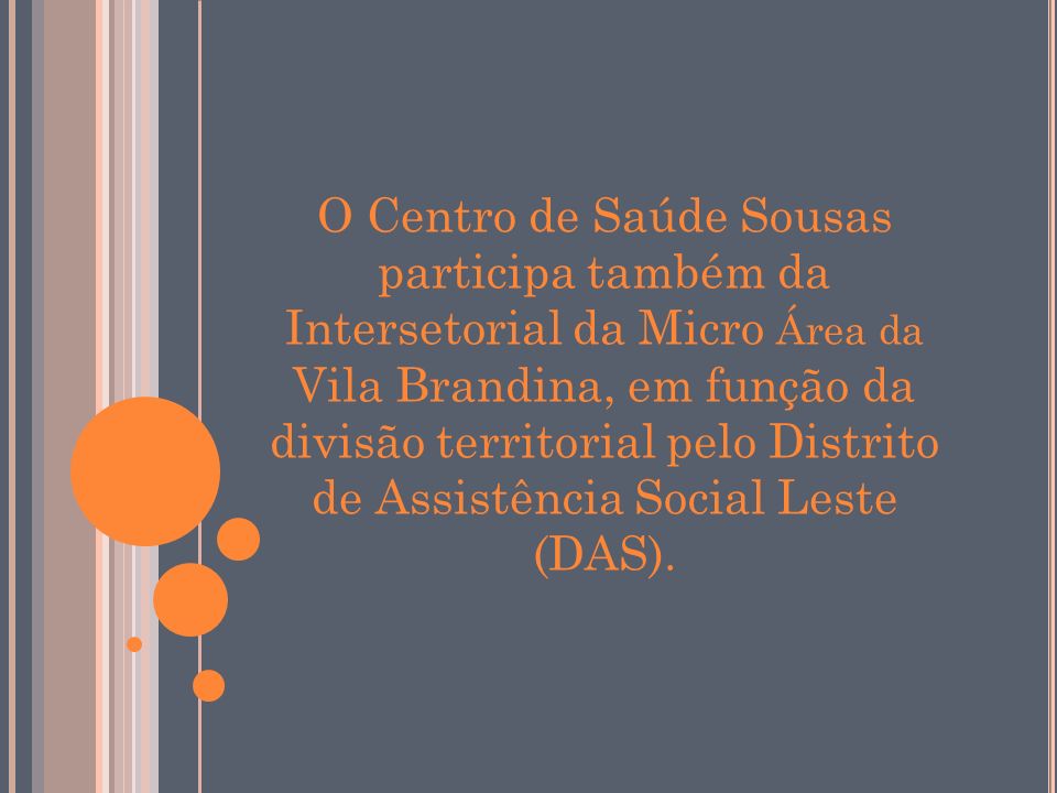 O Centro de Saúde Sousas participa também da Intersetorial da Micro Área da Vila Brandina, em função da divisão territorial pelo Distrito de Assistência Social Leste (DAS).