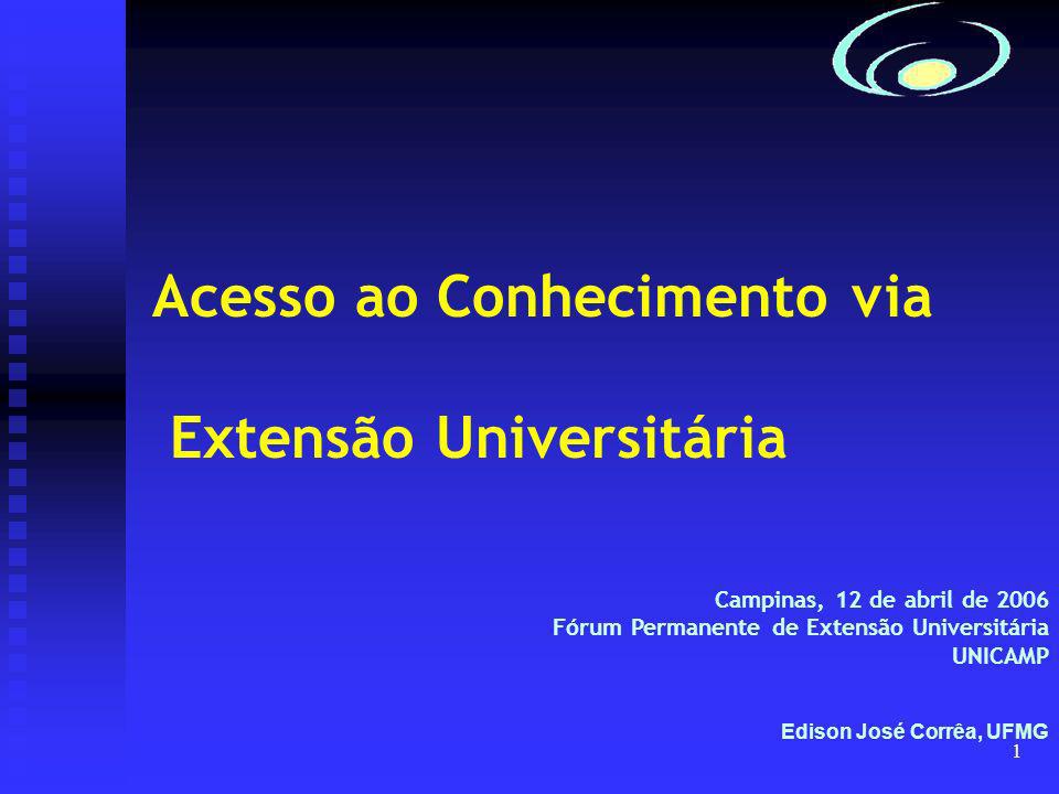 1 Acesso ao Conhecimento via Extensão Universitária Campinas, 12 de abril de 2006 Fórum Permanente de Extensão Universitária UNICAMP Edison José Corrêa, UFMG