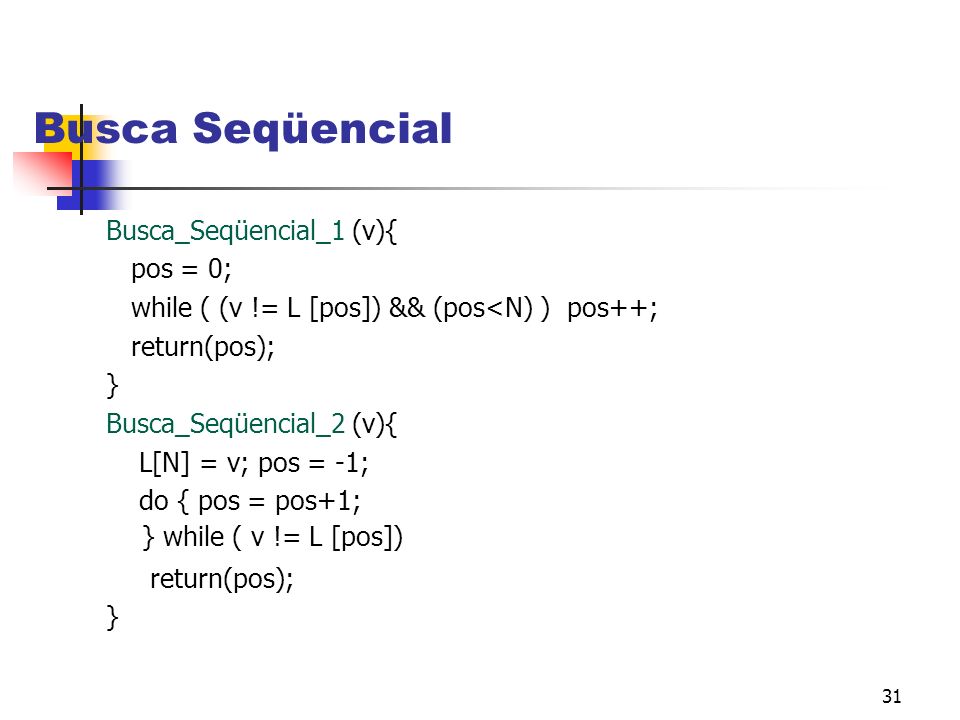 31 Busca Seqüencial Busca_Seqüencial_1 (v){ pos = 0; while ( (v != L [pos]) && (pos<N) ) pos++; return(pos); } Busca_Seqüencial_2 (v){ L[N] = v; pos = -1; do { pos = pos+1; } while ( v != L [pos]) return(pos); }