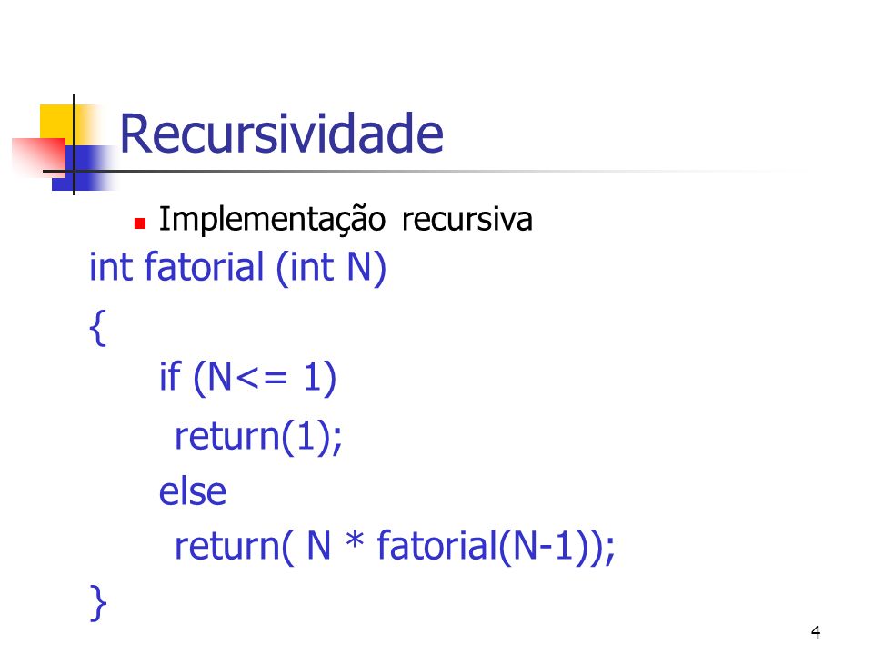 4 Recursividade Implementação recursiva int fatorial (int N) { if (N<= 1) return(1); else return( N * fatorial(N-1)); }