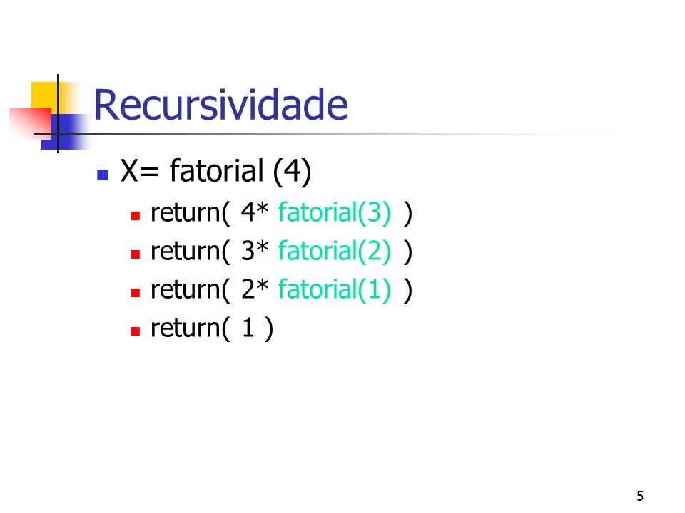 5 Recursividade X= fatorial (4) return( 4* fatorial(3) ) return( 3* fatorial(2) ) return( 2* fatorial(1) ) return( 1 )