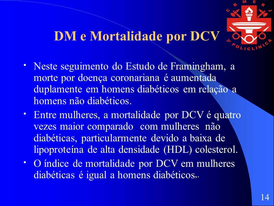 DM e Mortalidade por DCV Neste seguimento do Estudo de Framingham, a morte por doença coronariana é aumentada duplamente em homens diabéticos em relação a homens não diabéticos.