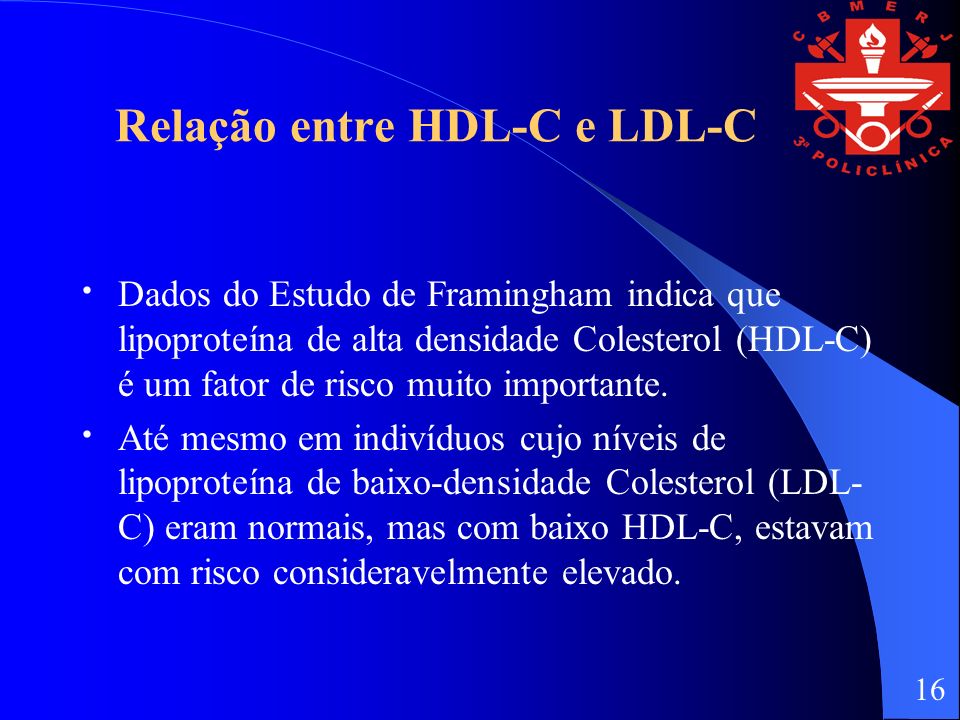 Relação entre HDL-C e LDL-C Dados do Estudo de Framingham indica que lipoproteína de alta densidade Colesterol (HDL-C) é um fator de risco muito importante.