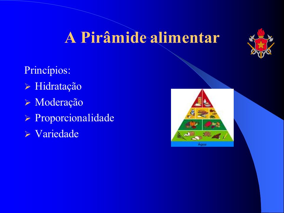 A Pirâmide alimentar Princípios: Hidratação Moderação Proporcionalidade Variedade