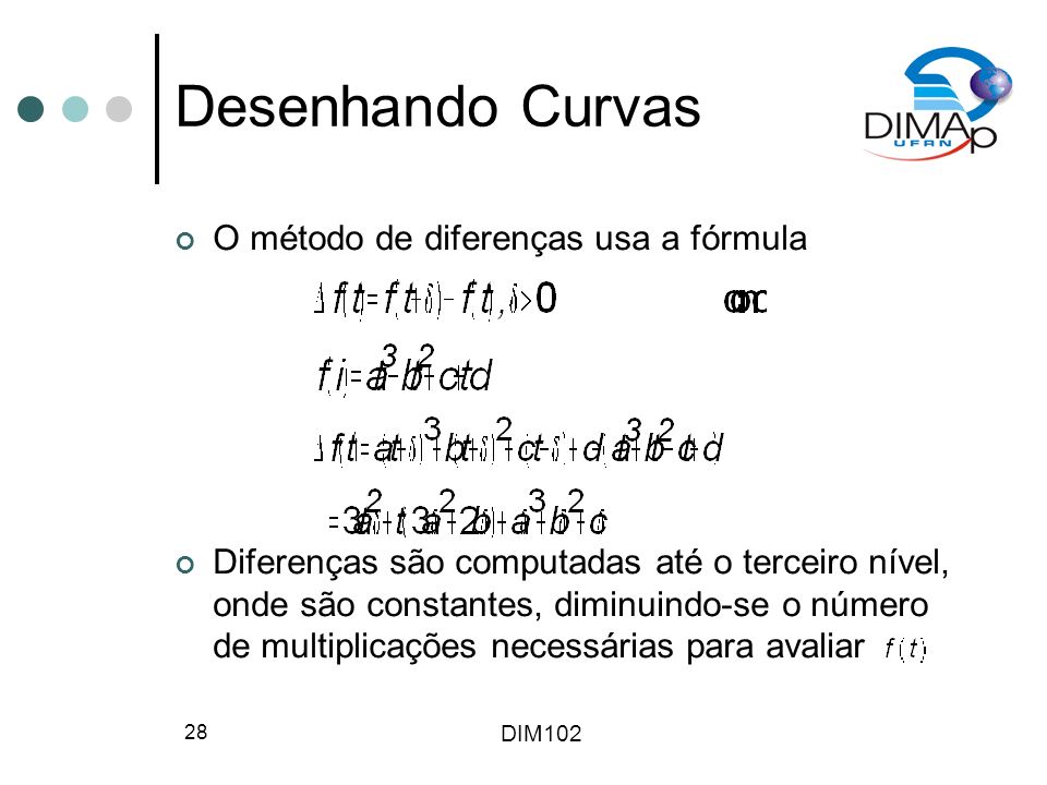 DIM Desenhando Curvas O método de diferenças usa a fórmula Diferenças são computadas até o terceiro nível, onde são constantes, diminuindo-se o número de multiplicações necessárias para avaliar