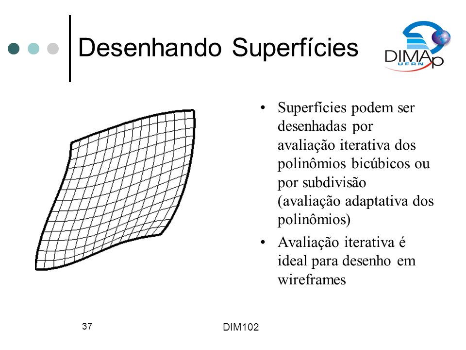 DIM Desenhando Superfícies Superfícies podem ser desenhadas por avaliação iterativa dos polinômios bicúbicos ou por subdivisão (avaliação adaptativa dos polinômios) Avaliação iterativa é ideal para desenho em wireframes