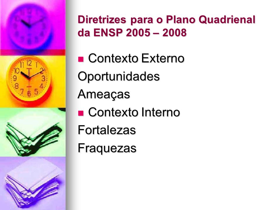 Diretrizes para o Plano Quadrienal da ENSP 2005 – 2008 Contexto Externo Contexto ExternoOportunidadesAmeaças Contexto Interno Contexto InternoFortalezasFraquezas