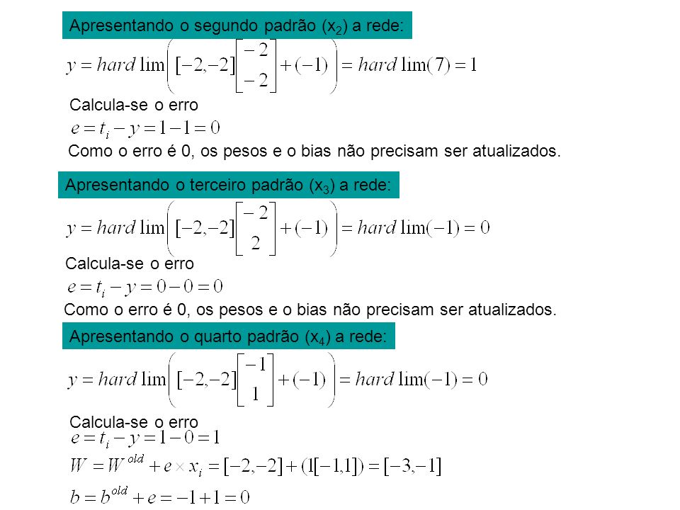 Calcula-se o erro Apresentando o segundo padrão (x 2 ) a rede: Como o erro é 0, os pesos e o bias não precisam ser atualizados.