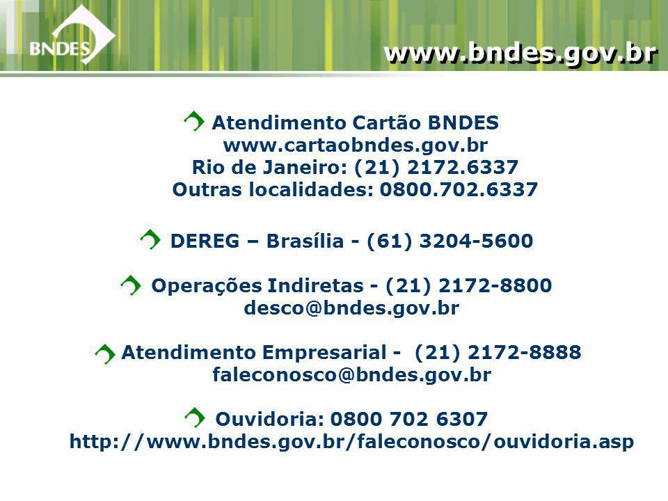 DEREG – Brasília - (61) Operações Indiretas - (21) Atendimento Empresarial - (21) Ouvidoria: Atendimento Cartão BNDES   Rio de Janeiro: (21) Outras localidades: