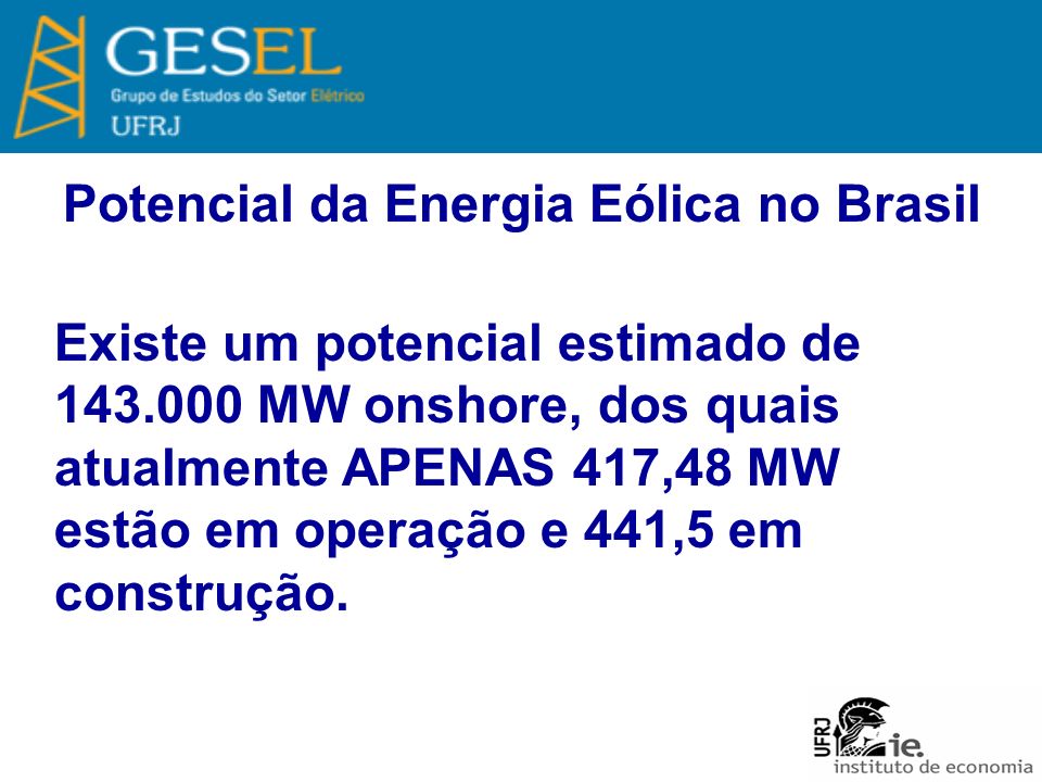 Potencial da Energia Eólica no Brasil Existe um potencial estimado de MW onshore, dos quais atualmente APENAS 417,48 MW estão em operação e 441,5 em construção.