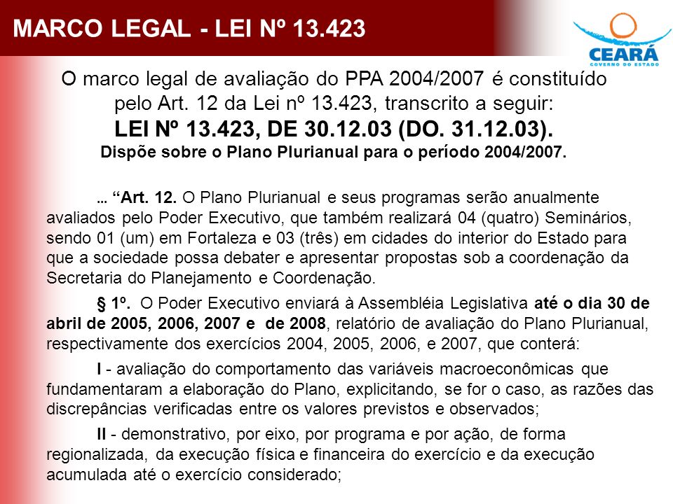 MARCO LEGAL - LEI Nº O marco legal de avaliação do PPA 2004/2007 é constituído pelo Art.