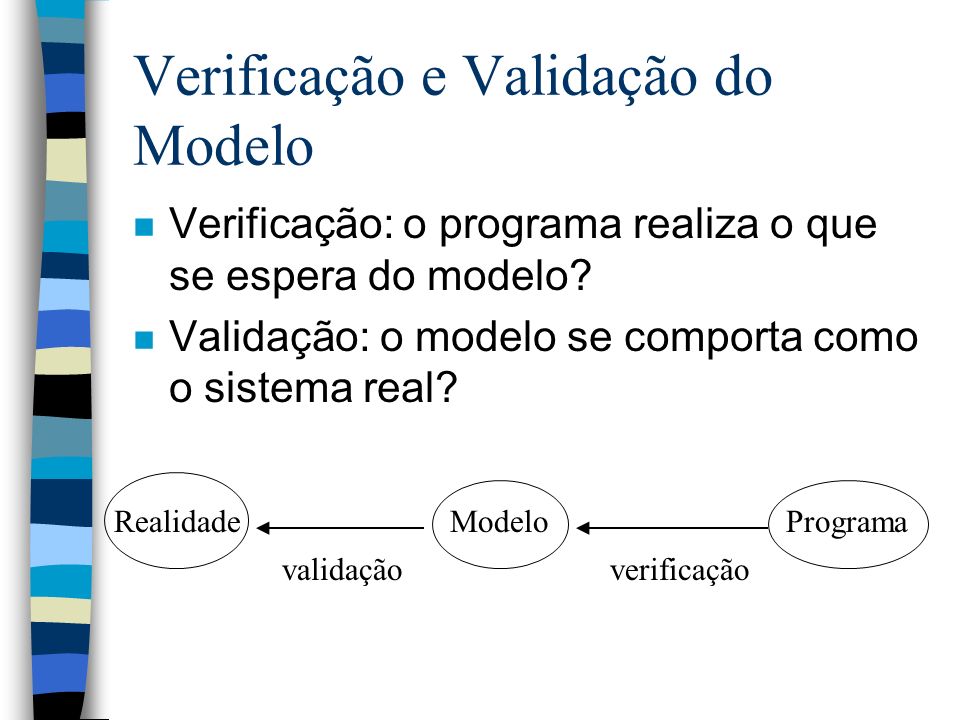 Verificação e Validação do Modelo n Verificação: o programa realiza o que se espera do modelo.