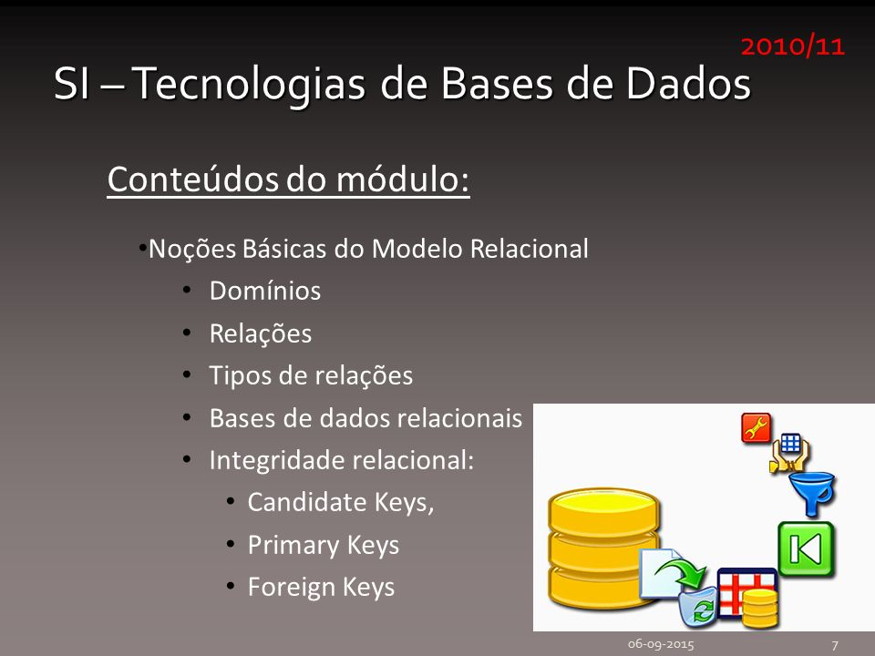 2010/11 SI – Tecnologias de Bases de Dados Conteúdos do módulo: Noções Básicas do Modelo Relacional Domínios Relações Tipos de relações Bases de dados relacionais Integridade relacional: Candidate Keys, Primary Keys Foreign Keys