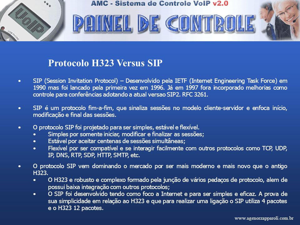 Protocolo H323 Versus SIP SIP (Session Invitation Protocol) – Desenvolvido pela IETF (Internet Engineering Task Force) em 1990 mas foi lancado pela primeira vez em 1996.