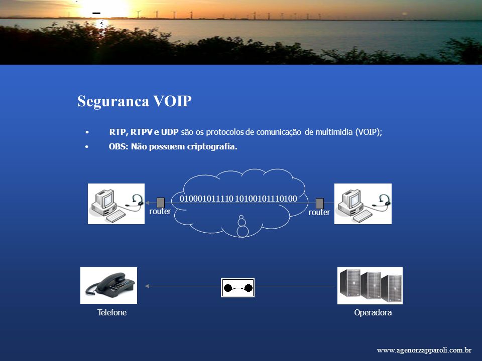 Seguranca VOIP RTP, RTPV e UDP são os protocolos de comunicação de multimidia (VOIP); router TelefoneOperadora OBS: Não possuem criptografia.